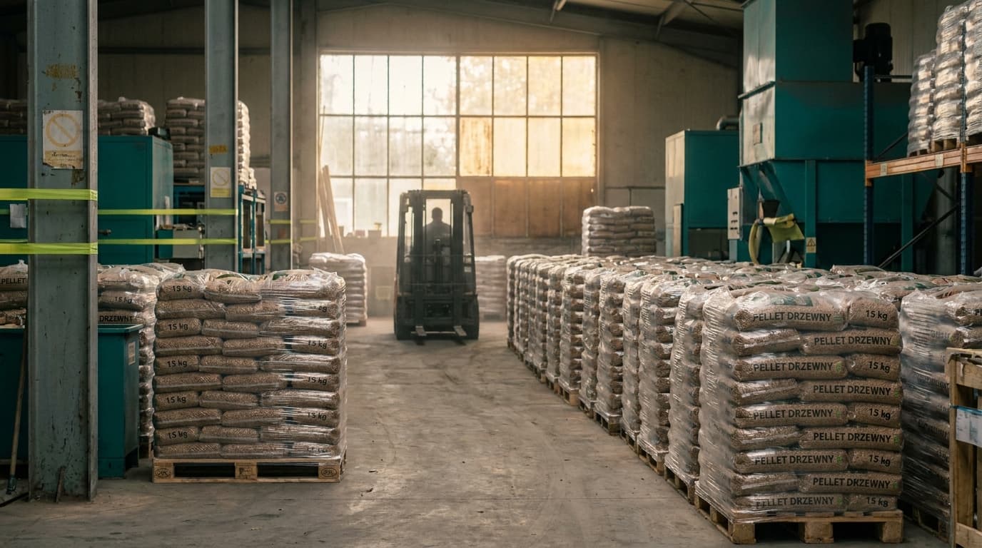 Palety worków 15 kg pelletu A1 z certyfikatem DINplus w magazynie składu opału