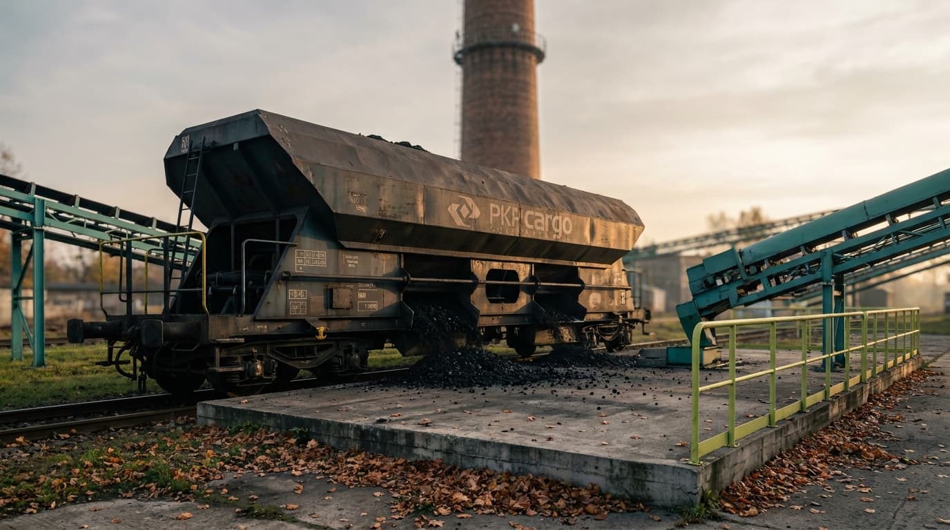 Wagon samowyładowczy przy bocznicy ciepłowni jesienią